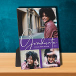 Plaque Photo Collage photo de la graduation violette<br><div class="desc">Vos photos préférées, le mot Graduate, votre nom et votre année de graduation en texte blanc élégant sur le devant, cette plaque photo sans cadre avec un chevalet intégré est un grand souvenir pour rappeler le jalon spécial de votre diplômé. **CONSEIL : Téléchargez toutes les photos horizontales pour obtenir les...</div>