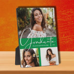 Plaque Photo Collage photo de la tendance Green Graduation<br><div class="desc">Vos photos préférées, le mot Graduate, votre nom et votre année de graduation en texte blanc élégant sur vert, cette plaque photo sans cadre avec un chevalet intégré est un grand souvenir pour rappeler le jalon spécial de votre diplômé. **CONSEIL : Téléchargez toutes les photos horizontales pour obtenir les meilleurs...</div>