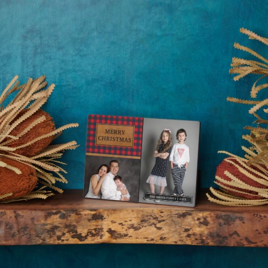 Plaque Photo Collage photo de Noël à carreaux en simili cuir bu (Côté)