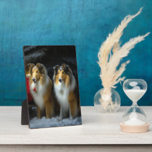 Plaque Photo Collie Rough Neigeux Traîneau Décor Noël