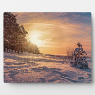 Plaque Photo Coucher de soleil sur la côte de la mer d'hiver