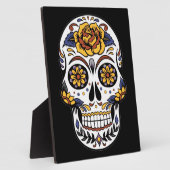 Plaque Photo Crâne à sucre rose jaune sur noir (Côté)