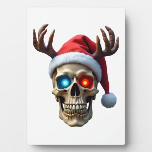 Plaque Photo Crâne de Noël avec chapeau de Père Noël et bois my