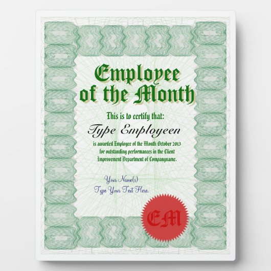 Plaque Photo Créer un certificat de récompense de l'employé du  (Devant)