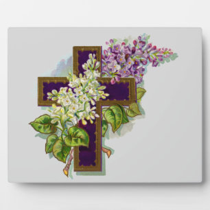 Plaque Photo Croix Violette Et Fleurs