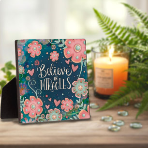 Plaque Photo Croyez en Miracles Floral Bleu et Rose