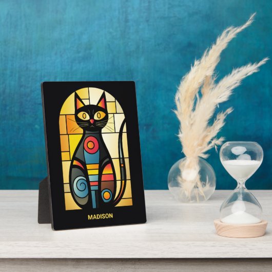 Plaque Photo Custom Name Faux Stained Glass Cat (Côté)