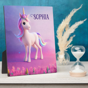 Plaque Photo Cute Unicorne Blanche Avec Rose & Bleu Mane