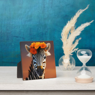 Plaque Photo Cute Zebra portant des fleurs orange