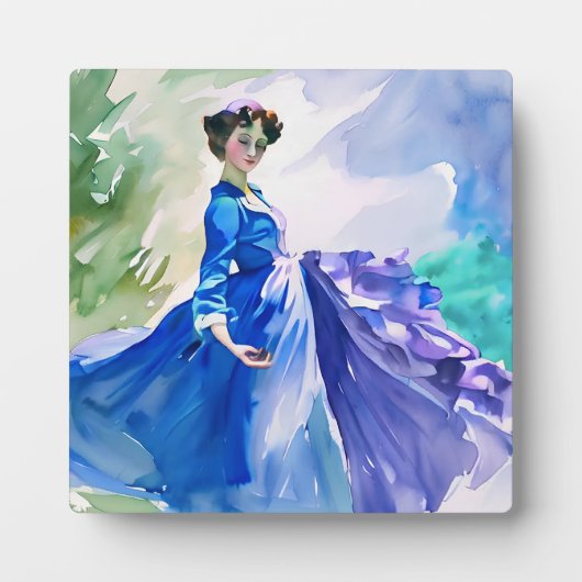 Plaque Photo Dame en Robe Bleue - Peinture aquarelle (Devant)