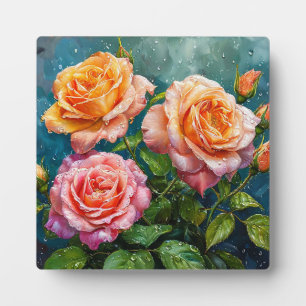 Plaque Photo De belles roses épanouies avec des gouttelettes d'