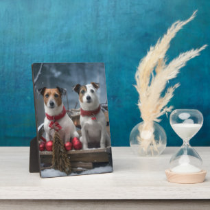 Plaque Photo Décor de Noël Chariot enneigé Jack Russell