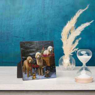 Plaque Photo Décor de Noël Goldendoodle Snowy Sleigh