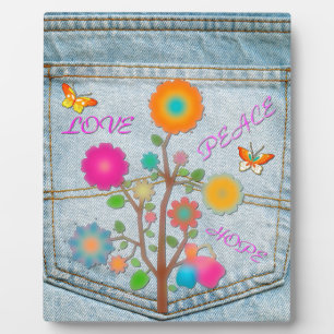 Plaque Photo Denim Back Fleurs de poche Paix Aimer Espoir