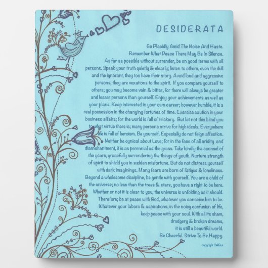 Plaque Photo Desiderata Poem with the Bluebird of Happiness (Devant)