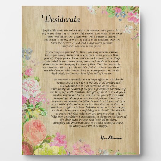 Plaque Photo Desiderata sur panneau en bois rustique avec garni (Devant)