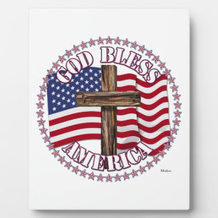 Plaque Photo Dieu Bénisse l'Amérique et Croix Avec Drapeau USA