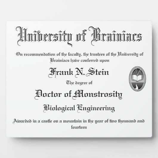 Plaque Photo Diplôme Frankenstein (Devant)