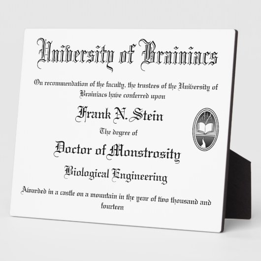 Plaque Photo Diplôme Frankenstein (Côté)