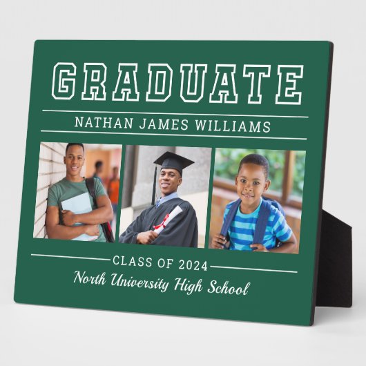 Plaque Photo Diplômé Moderne Vert 3 Photo Graduation (Côté)
