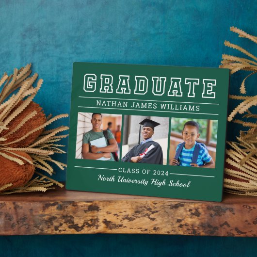 Plaque Photo Diplômé Moderne Vert 3 Photo Graduation (Côté)