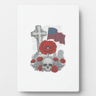 Plaque Photo Drapeau coquelicot commémoratif Croix Gravure Vint