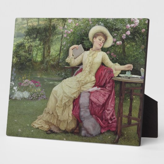 Plaque Photo Drinking Coffee and Reading in the Garden (Côté)