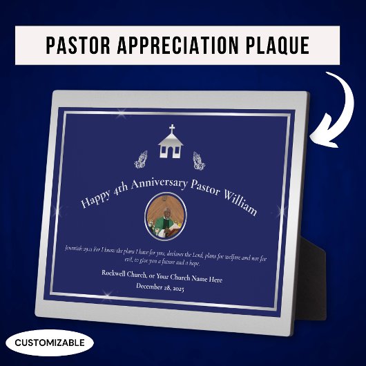 Plaque Photo Église Silver Blue Anniversaire du Pasteur Présent