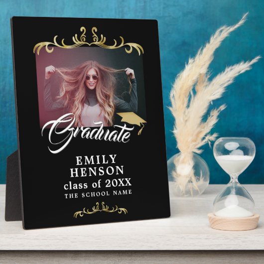 Plaque Photo Élégant Black Gold Ornaments Grad Grad Graduation (Côté)