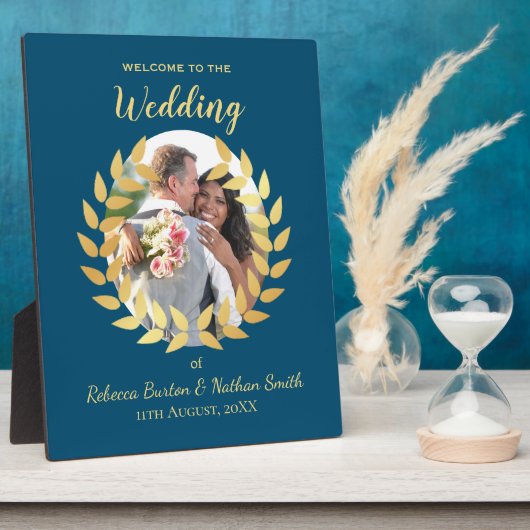 Plaque Photo Elegant Blue Wedding Welcome Custom Photo Sign (Côté)