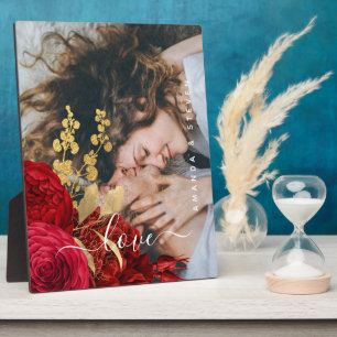 Plaque Photo Élégant Bourgogne Floral Love Script Couple Photo