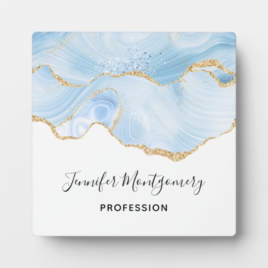 Plaque Photo Élégant Cool Bleu Agate avec ruban Parties scintil (Devant)