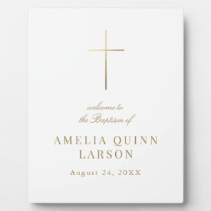 Plaque Photo Elégant Croix d'or Baptême Christening Bienvenue