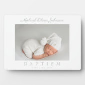Plaque Photo Élégant Gris Script Baptême Photo (Devant)