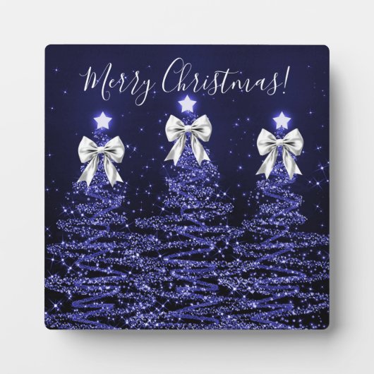 Plaque Photo Elegant Holiday Navy Christmas Trees Silver Bows (Devant)