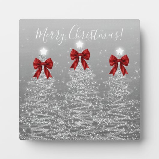Plaque Photo Elegant Holiday Silver Christmas Trees Red Bows (Devant)