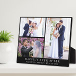 Plaque Photo Élégant mariés 3 Photo Collage Mariage noir<br><div class="desc">Élégante plaque noire de keepsaké pour célébrer votre mariage avec un collage photo de 3 de votre journée spéciale,  "Happily Ever After" dans la typographie classique blanche serif,  et vos noms et date mariage en simple lettrage blanc moderne.</div>