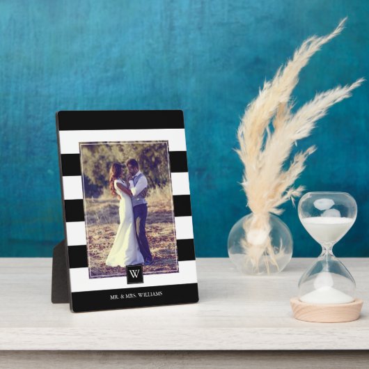 Plaque Photo Élégant Monogramme à rayures noir et blanc (Côté)