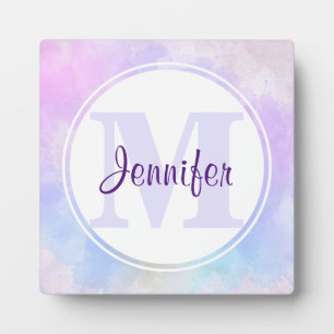 Plaque Photo Élégant Monogramme d'aquarelle bleu violet