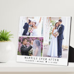Plaque Photo Elégant Newlyweds 3 Photo Collage Mariage<br><div class="desc">Plaque de conservation élégante pour célébrer votre mariage avec un collage photo de 3 de votre journée spéciale,  "Happily Ever After" dans la typographie serif classique,  et vos noms et date mariage en lettres modernes simples.</div>