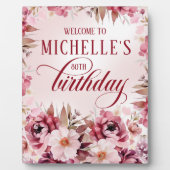 Plaque Photo Elegant Pink Burgundy Floral 80th Birthday (Devant)