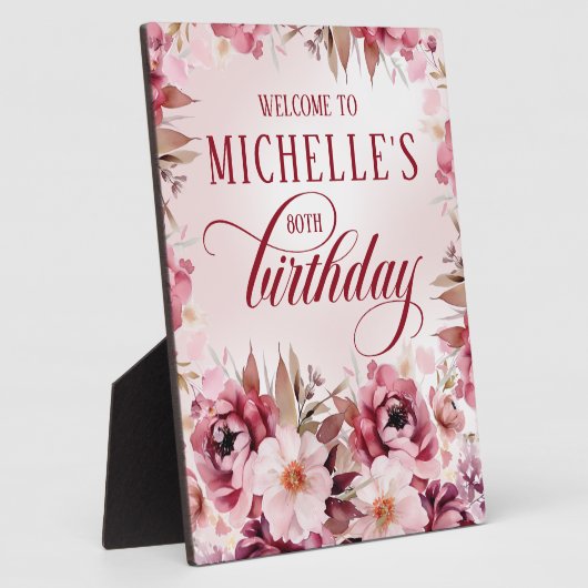 Plaque Photo Elegant Pink Burgundy Floral 80th Birthday (Côté)