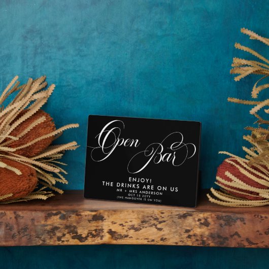 Plaque Photo Élégant Script Mariage Open Bar Drink Menu Black (Côté)
