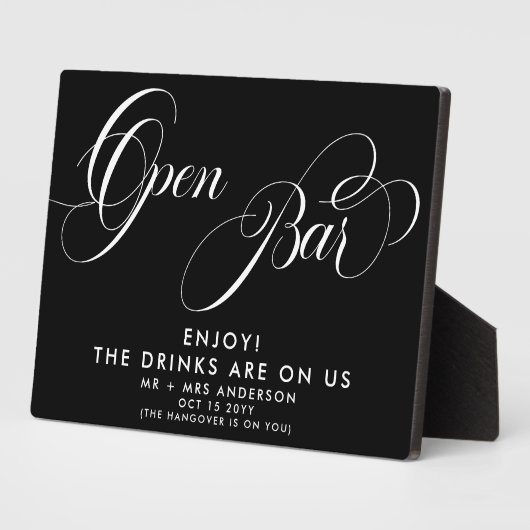 Plaque Photo Élégant Script Mariage Open Bar Drink Menu Black (Côté)