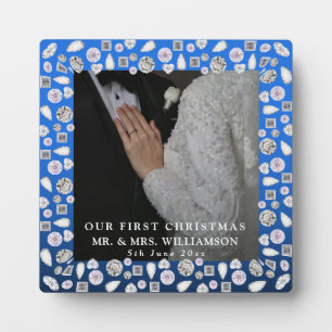 Plaque Photo Elégant Silver Blue Heart Diamond Premier Noël