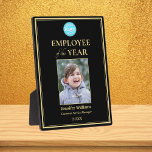 Plaque Photo Employee of the Year Company Logo<br><div class="desc">Create your own custom, personalized, beautiful, elegant, professionnel, UV resistant gloss coating, black and faux gold, hardboard panel display plaques attached easel stand, business office corporate employee recognition / appreciation, photo logo award plaque. To personalize, enter the name of the employee / staff / executive, their designation, month & year,...</div>