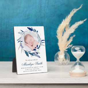 Plaque Photo Faire-part de naissance photo Blue Floral Navy