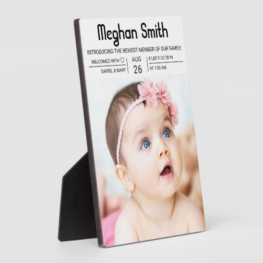 Plaque Photo Faire-part de naissance photo simple Noir moderne (Côté)