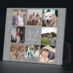 Plaque Photo Famille 8 photo collage monogramme nom rustique<br><div class="desc">Monographie personnalisée et nom avec famille établie année 8 photo grille rustique ferme rustique maison de campagne élégante grise burlap keepsaké cadre photo plaque modèle.         Un cadeau bien pensé pour Noël,  anniversaire de famille ou Thanksgiving.</div>