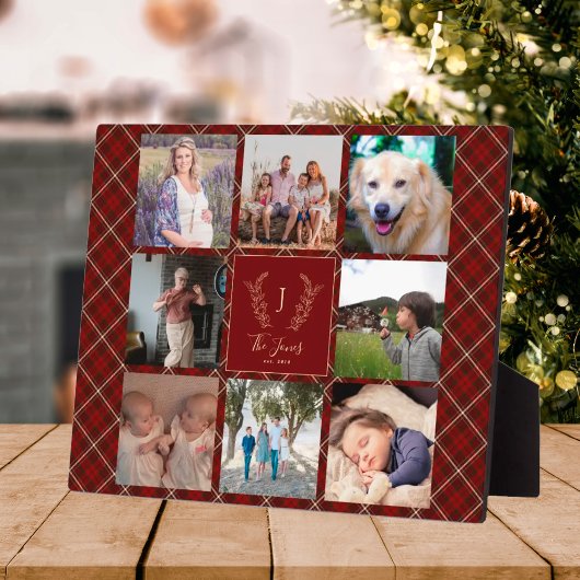 Plaque Photo Family 8 photo collage monogram name red plaid